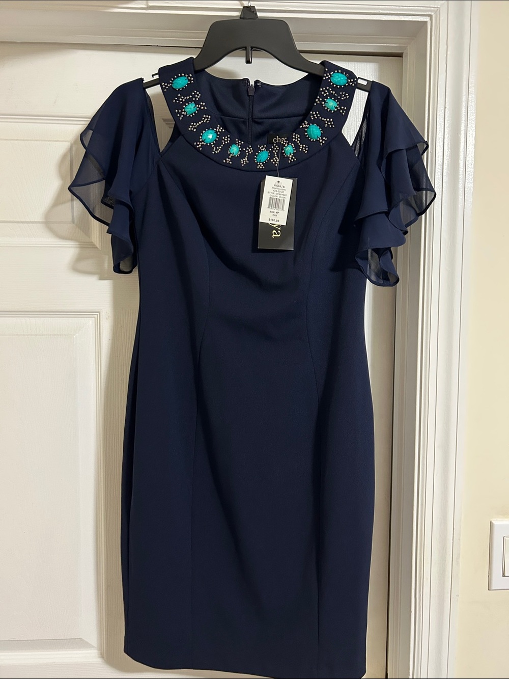 Embellished Navy Cold-Shoulder Midi Dress